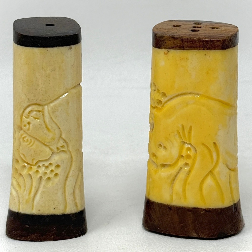 Bone Carved Salt Pepper Shaker Set Rhino Water Buffalo Wood  3" Tall African MCM
